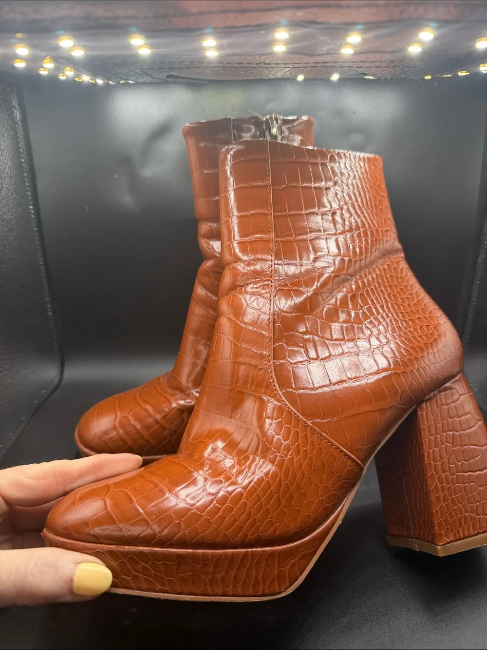 ASOS Cognac Croc-Embossed Platform Ankle Boots